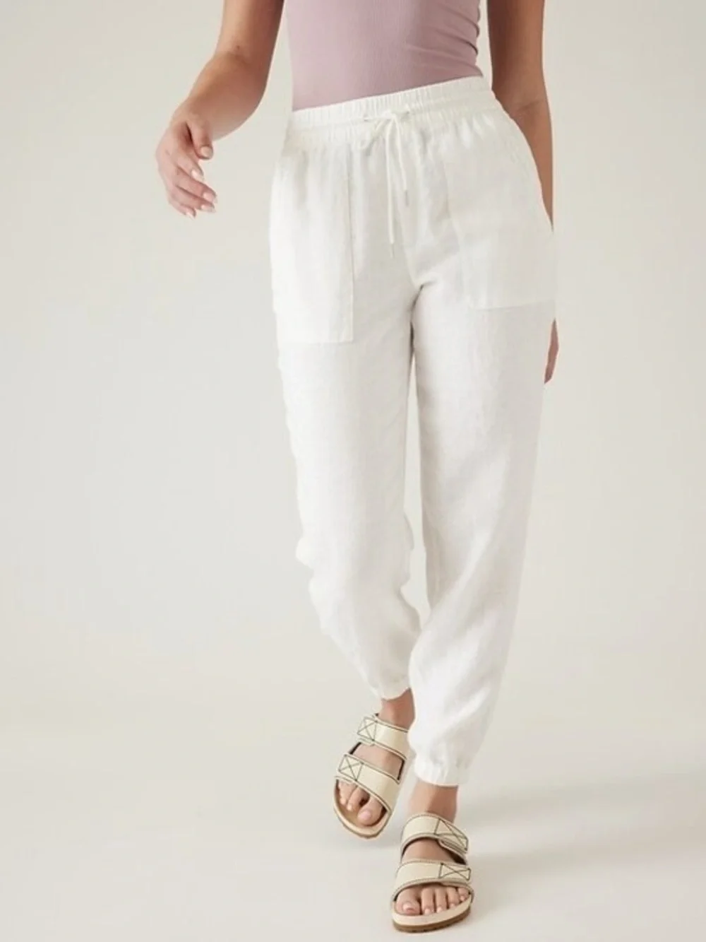 Athleta White Linen Drawstring Joggers with Patch Pockets Size 6